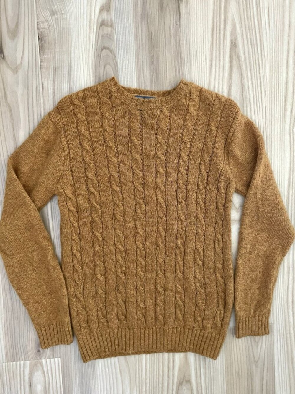 Line Of Trade 100% Shetland Wool Cable-Knit Pullover Sweater Golden Brown Small